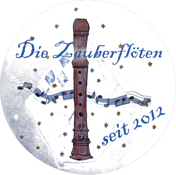 Logo des Blockflöten-Ensembles "Die Zauberflöten" - Flöte auf buntem Hintergrund